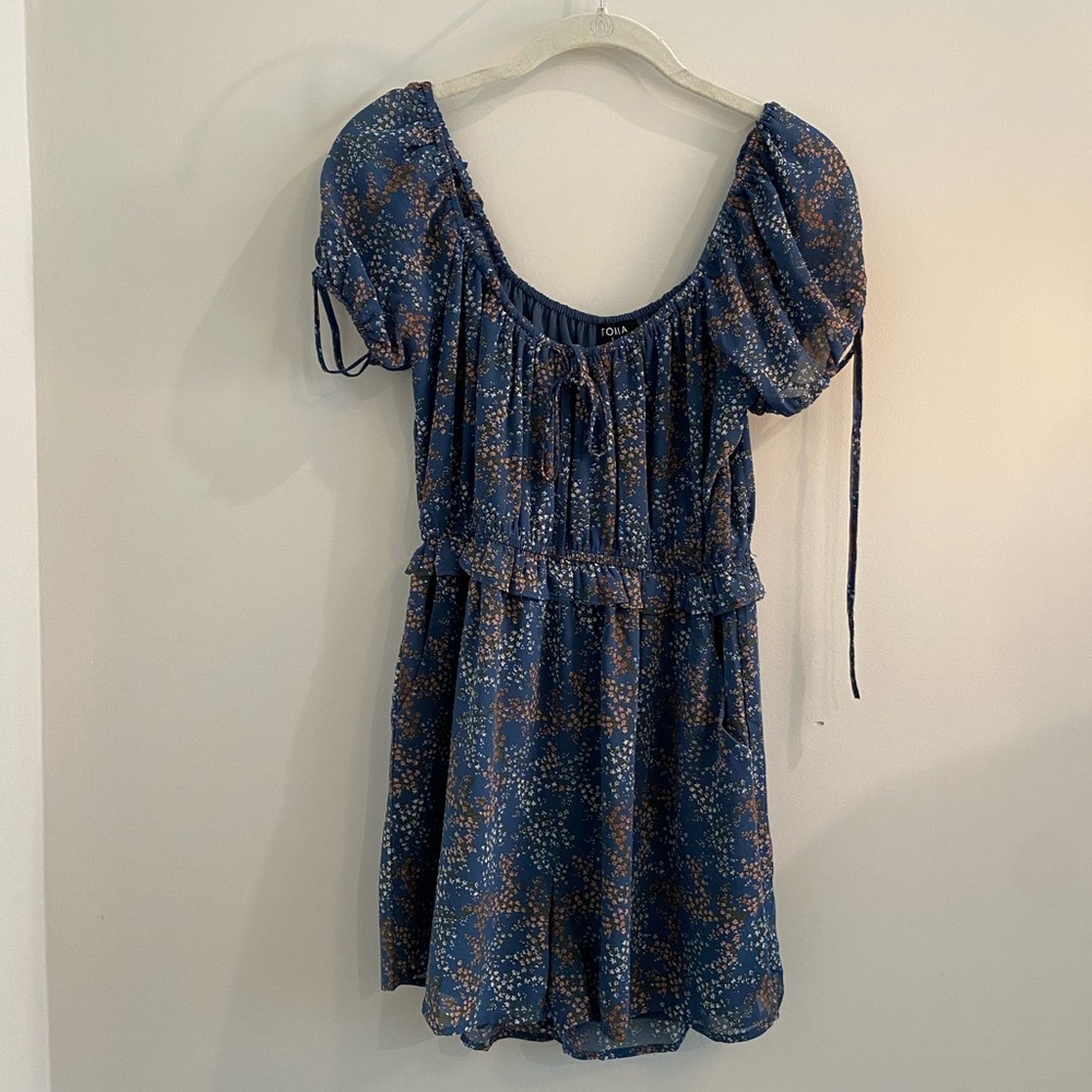 Blue Floral Print Romper with Tie Details and Pockets | TORIA